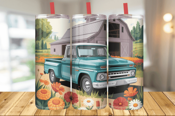 Download Old Truck Flower Meadow Tumbler Wrap PNG - Premium Resources