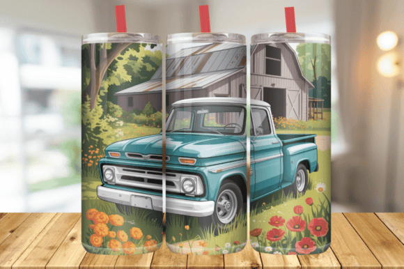 Download Old Truck Flower Meadow Tumbler Wrap PNG - Premium Bundle