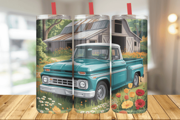 Download Old Truck Flower Meadow Tumbler Wrap PNG - Premium Resources